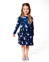 Jersey Dress With Pockets Navy Unicorn Print | Deux par Deux | Jenni Kidz