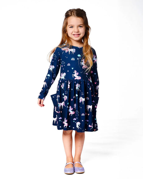 Jersey Dress With Pockets Navy Unicorn Print | Deux par Deux | Jenni Kidz