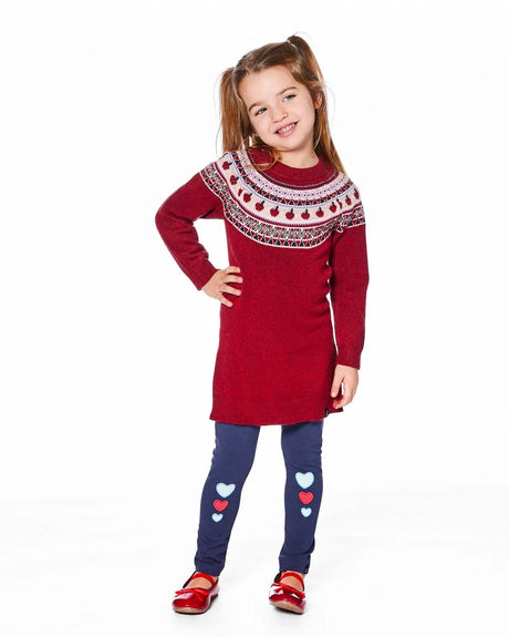 Knit Dress Red With Apple Jacquard Yoke | Deux par Deux | Jenni Kidz