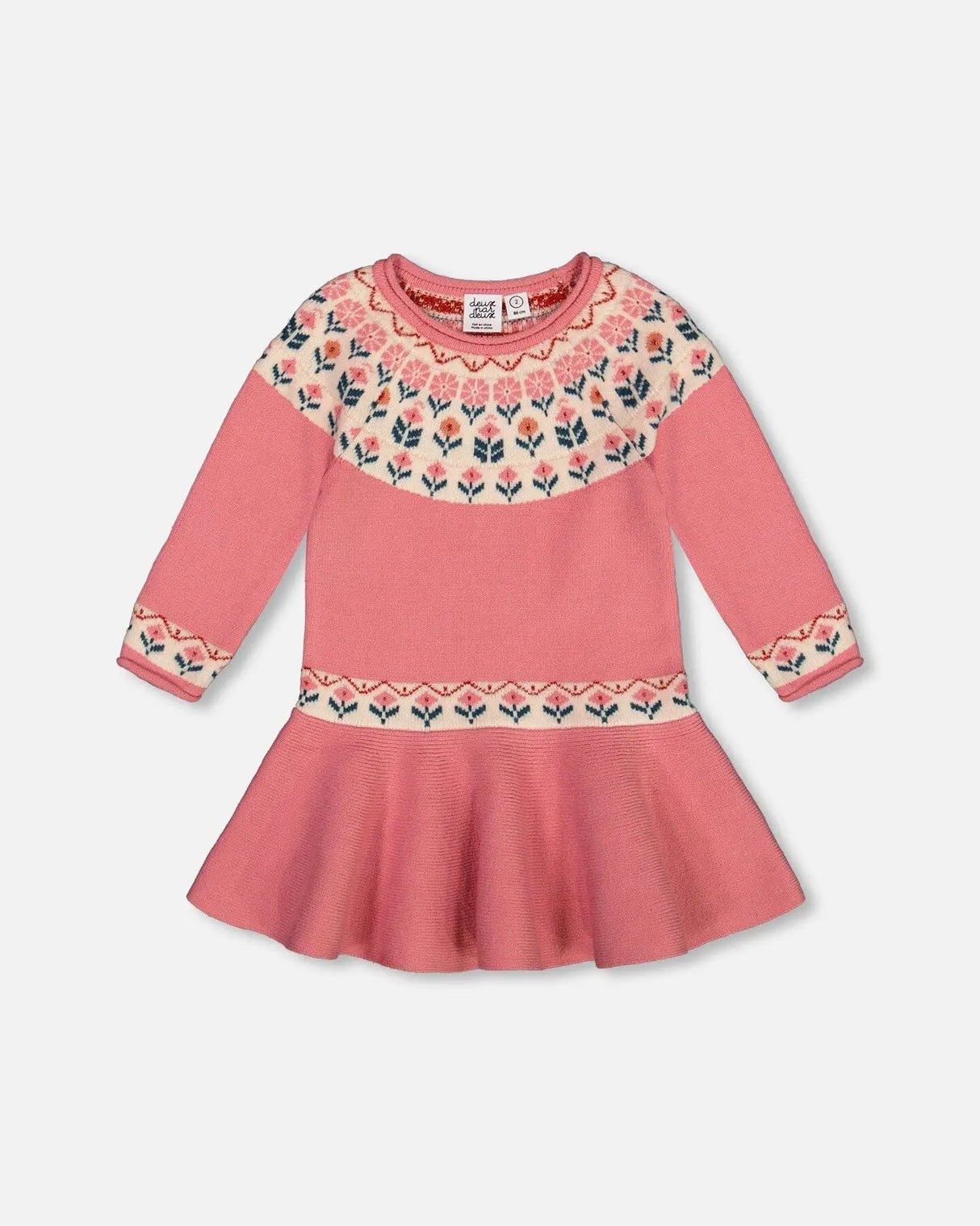 Knit Dress With Round Intarsia Flowers Light Pink | Deux par Deux | Jenni Kidz