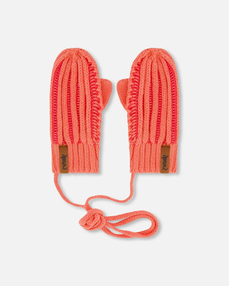 Knit Mittens With Cord Coral | Deux par Deux | Jenni Kidz