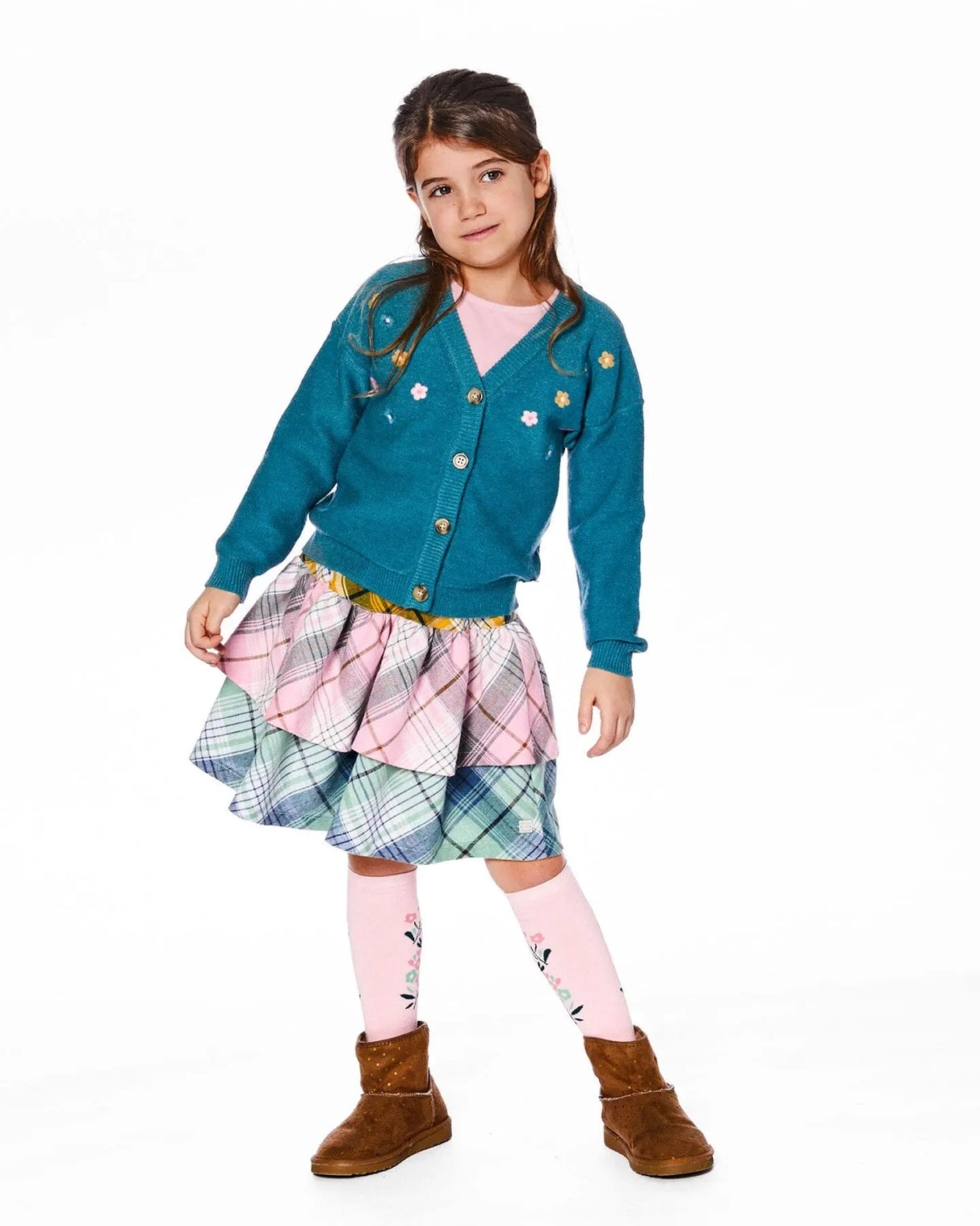 Knitted Cardigan Dark Green With Flower Embroidery | Deux par Deux | Jenni Kidz