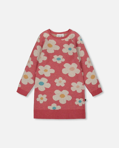 Knitted Dress With Flower Jacquard Old Pink And Beige | Deux par Deux | Jenni Kidz