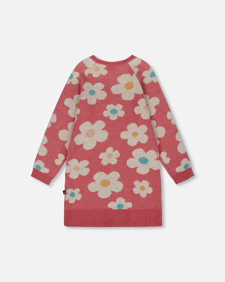 Knitted Dress With Flower Jacquard Old Pink And Beige | Deux par Deux | Jenni Kidz
