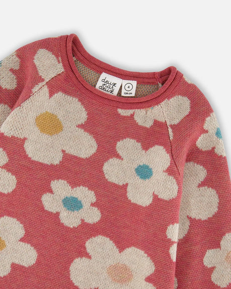 Knitted Dress With Flower Jacquard Old Pink And Beige | Deux par Deux | Jenni Kidz
