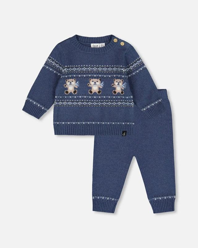 Knitted Jacquard Sweater And Pant Set Blue Gray With Bears | Deux par Deux | Jenni Kidz