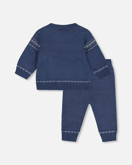 Knitted Jacquard Sweater And Pant Set Blue Gray With Bears | Deux par Deux | Jenni Kidz