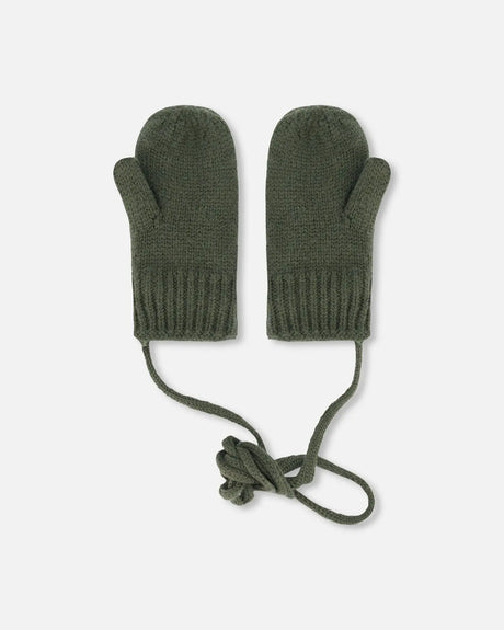 Knitted Mittens With String Forest Green | Deux par Deux | Jenni Kidz