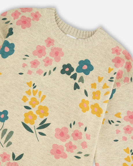 Knitted Sweater Heather Beige Gray With Floral Print | Deux par Deux | Jenni Kidz