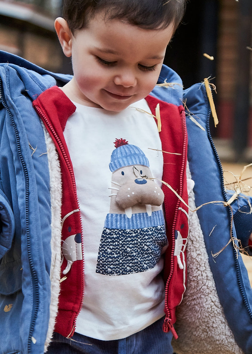 Lifestyle photo of child wearing Mayoral baby animals T-shirt