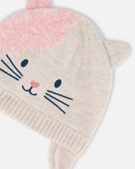 Lined Knit Hat With Ears Off-White And Pink | Deux par Deux | Jenni Kidz