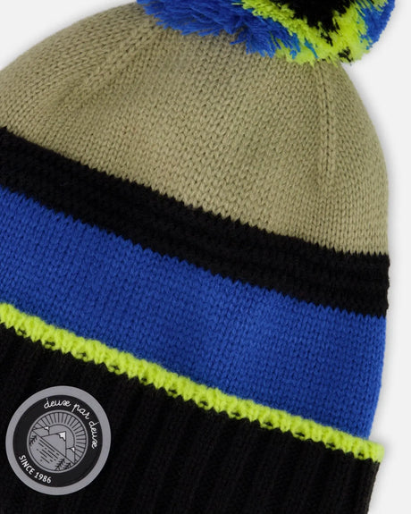 Lined Knit Pompom Hat Black, Taupe And Lime Green | Deux par Deux | Jenni Kidz