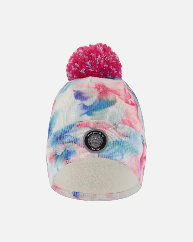 Lined Knit Pompom Hat Blue Flower Print | Deux par Deux | Jenni Kidz