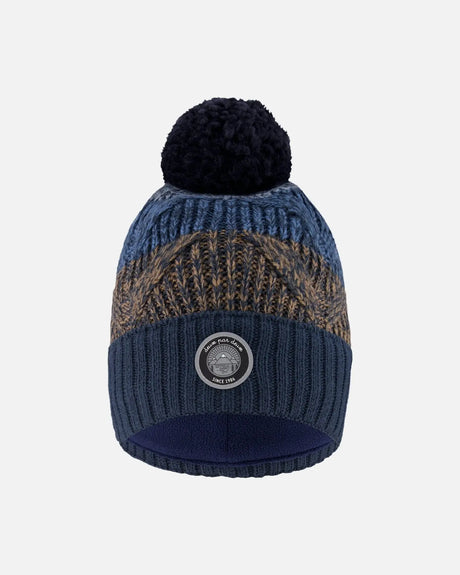 Lined Knit Pompom Hat Taupe And Navy | Deux par Deux | Jenni Kidz