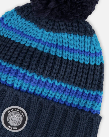 Lined Knit Winter Hat With Pompom Black And Blue | Deux par Deux | Jenni Kidz