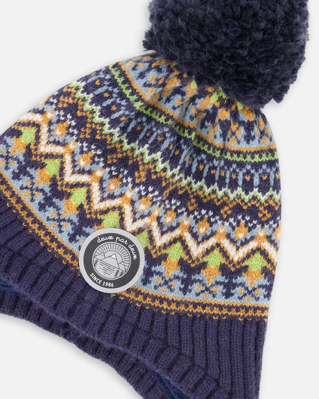 Lined Peruvian Knit Hat With Pompom Taupe And Navy | Deux par Deux | Jenni Kidz