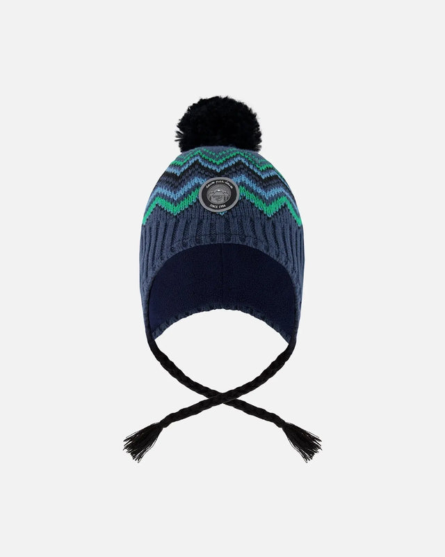 Lined Peruvian Knit Pompom Hat Black And Blue | Deux par Deux | Jenni Kidz