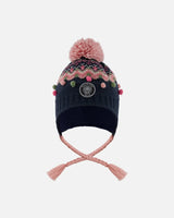 Lined Peruvian Knit Pompom Hat Navy Blue And Pink | Deux par Deux | Jenni Kidz