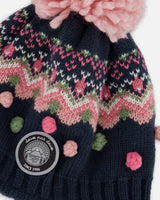 Lined Peruvian Knit Pompom Hat Navy Blue And Pink | Deux par Deux | Jenni Kidz