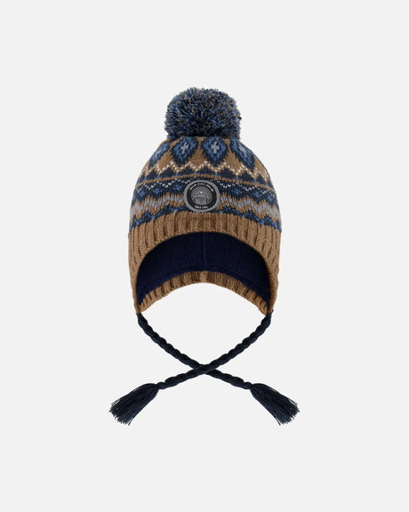 Lined Peruvian Knit Pompom Hat Taupe And Navy | Deux par Deux | Jenni Kidz
