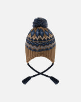 Lined Peruvian Knit Pompom Hat Taupe And Navy | Deux par Deux | Jenni Kidz
