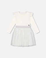 Long Sleeve Dress With Glittering Tulle Skirt Off White | Deux par Deux | Jenni Kidz