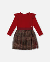 Long Sleeve Dress With Glittering Tulle Skirt Red Plaid | Deux par Deux | Jenni Kidz