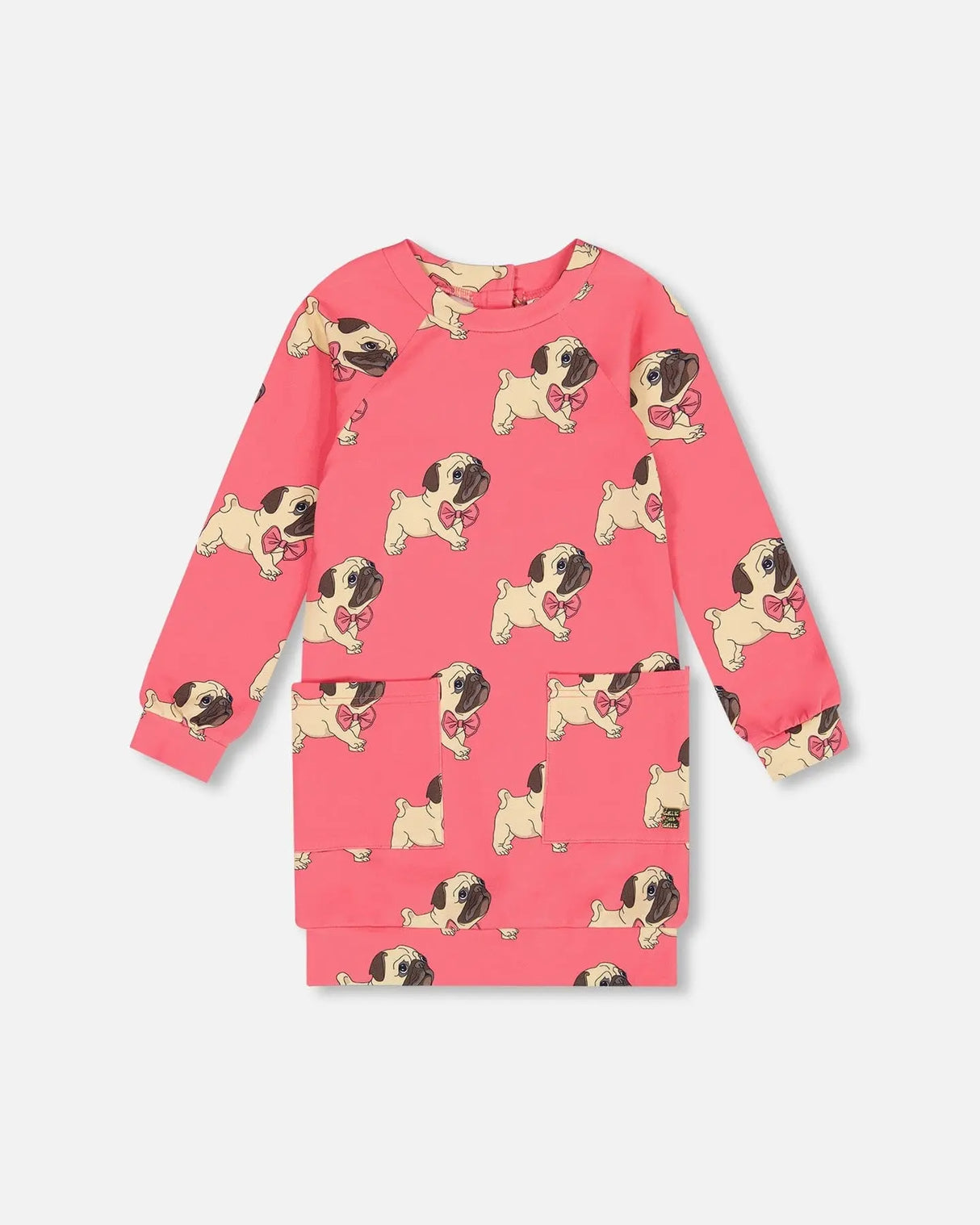 Long Sleeve Fleece Dress With Pocket Magenta Printed Pug | Deux par Deux | Jenni Kidz