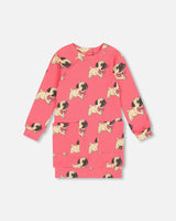 Long Sleeve Fleece Dress With Pocket Magenta Printed Pug | Deux par Deux | Jenni Kidz