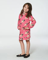 Long Sleeve Fleece Dress With Pocket Magenta Printed Pug | Deux par Deux | Jenni Kidz