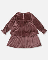 Long Sleeve Metallic Dress With Frills Burgundy | Deux par Deux | Jenni Kidz