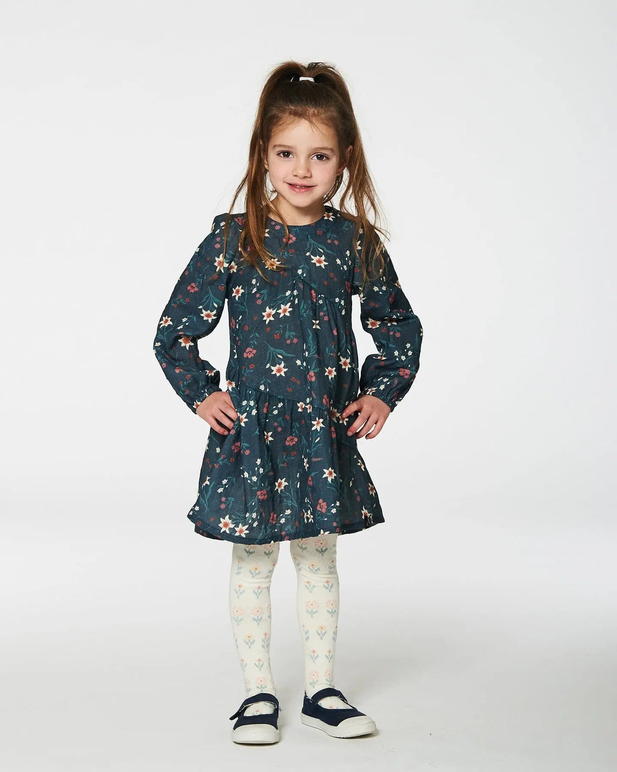 Long Sleeve Muslin Dress Teal Printed Flowers | Deux par Deux | Jenni Kidz