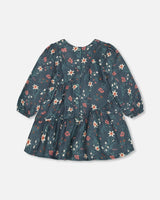 Long Sleeve Muslin Dress Teal Printed Flowers | Deux par Deux | Jenni Kidz