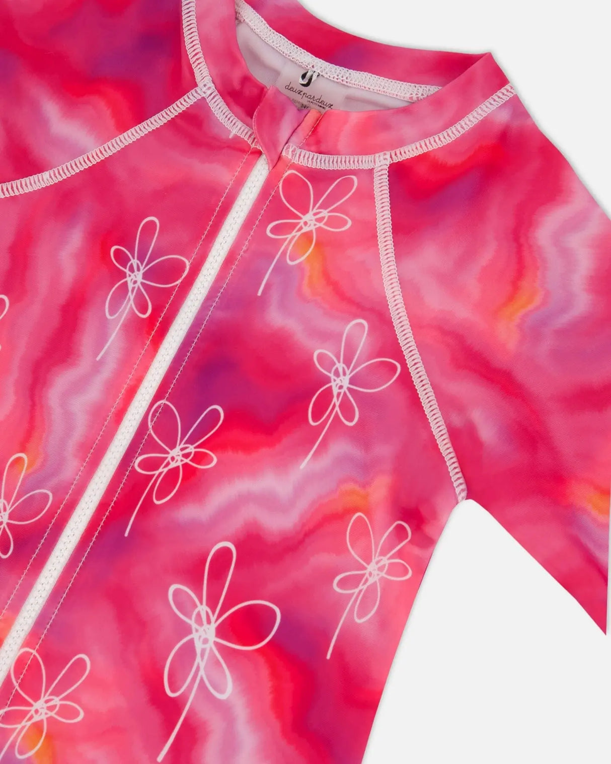 Long Sleeve One Piece Rashguard Fuchsia Tie Dye Printed Flowers | Deux par Deux | Jenni Kidz