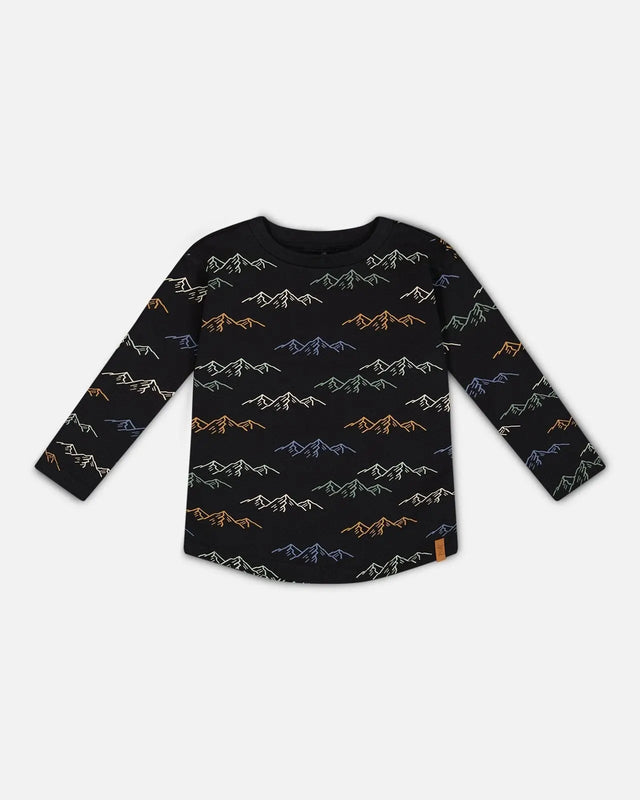 Long Sleeve Printed T-Shirt Black Printed Mountains | Deux par Deux | Jenni Kidz