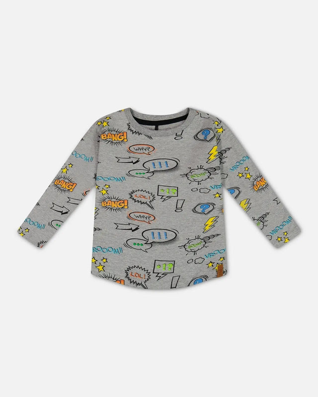 Long Sleeve Printed T-Shirt Gray Mix | Deux par Deux | Jenni Kidz