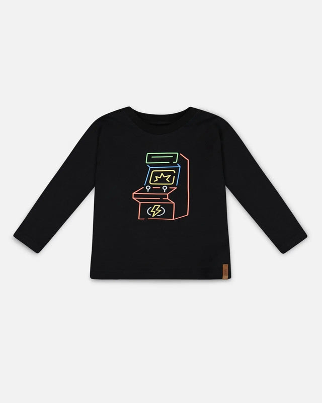 Long Sleeve T-Shirt With Print Black | Deux par Deux | Jenni Kidz