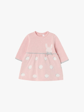 Pink knit baby girls dress with bunny and polka dots, front view