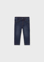 Front view of Dark Denim slim baby boy jeans with adjustable waistband.