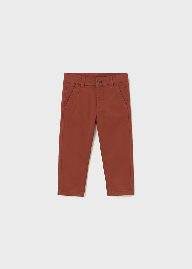 Front flat lay of Mayoral baby boy baby chinos in Brown/Rust micro-corduroy.