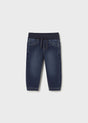 Front flat lay of Mayoral baby denim jogger pants in Dark Denim/Navy with cuffed hems.