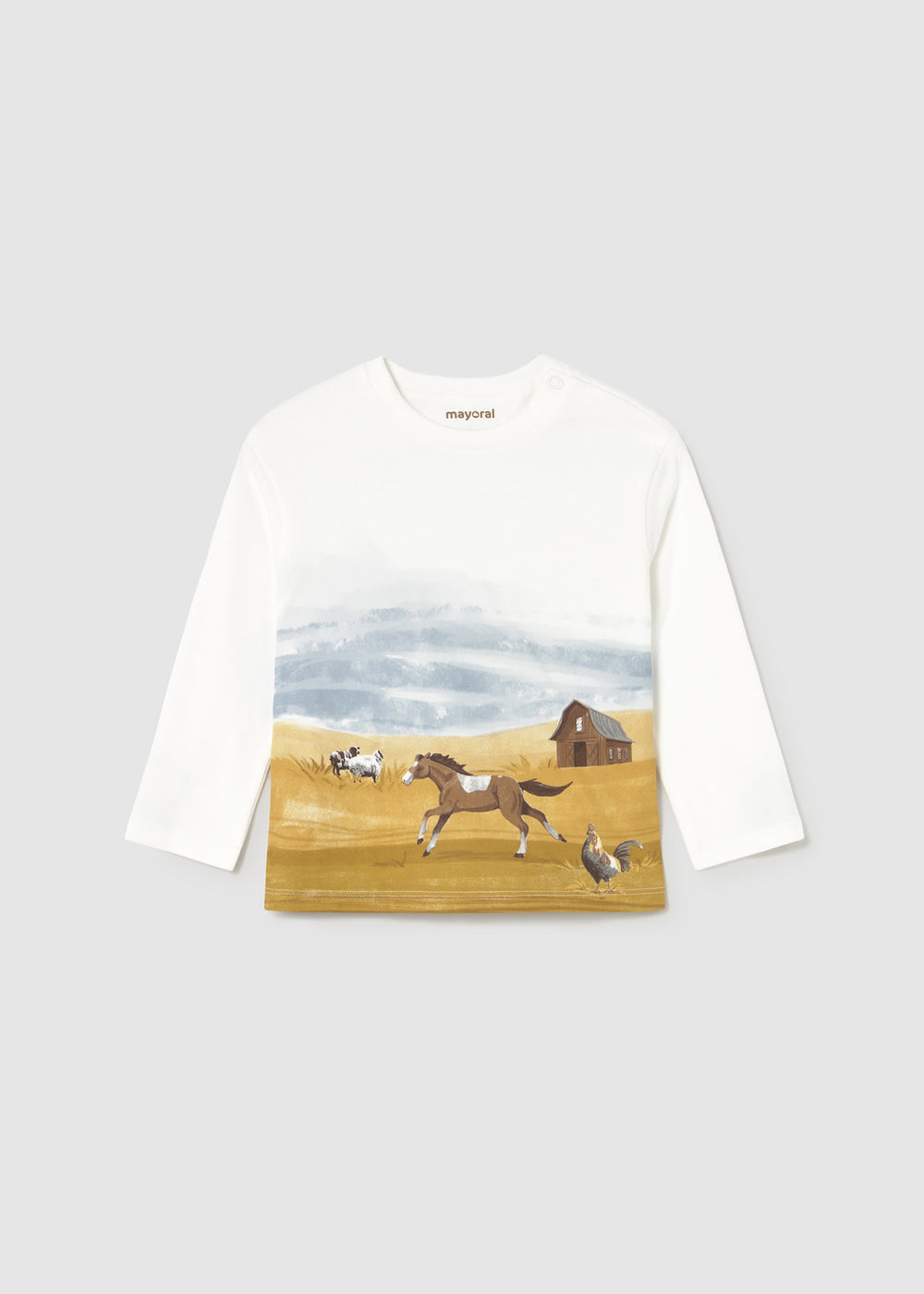 Front view of Ivory farm-print baby t-shirt with long sleeves.