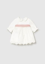 Mayoral baby girl dress ivory with pink sash, embroidered newborn dress