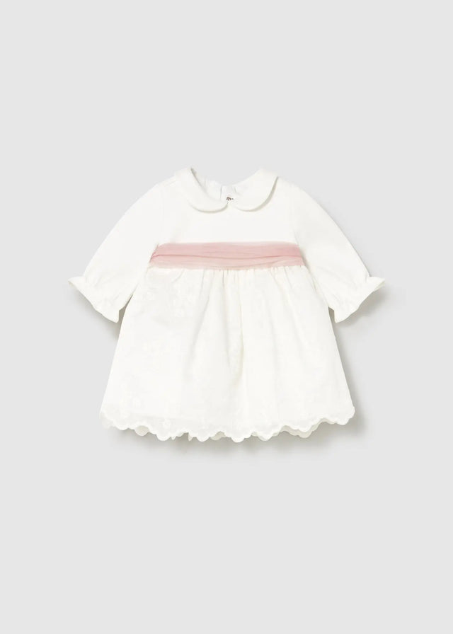 Mayoral baby girl dress ivory with pink sash, embroidered newborn dress