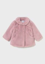 Front view of Mayoral pink baby faux fur coat with snap front and pockets.