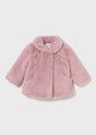 Front view of Mayoral pink baby faux fur coat with snap front and pockets.