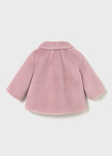 Back view of pink faux-fur coat for baby/toddler with rounded collar and long sleeves.