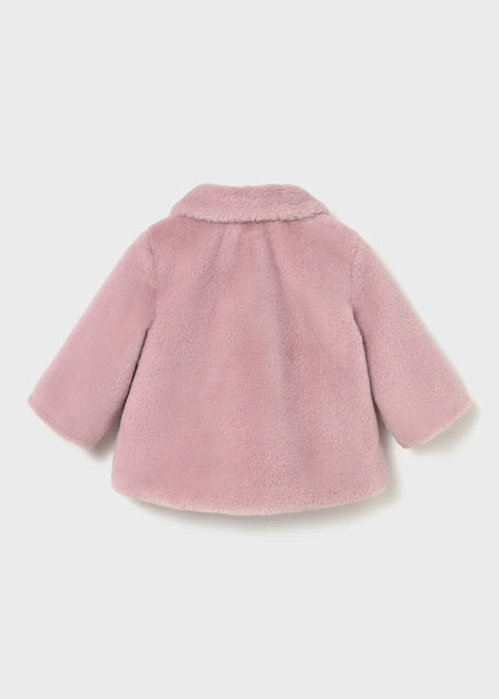 Back view of pink faux-fur coat for baby/toddler with rounded collar and long sleeves.