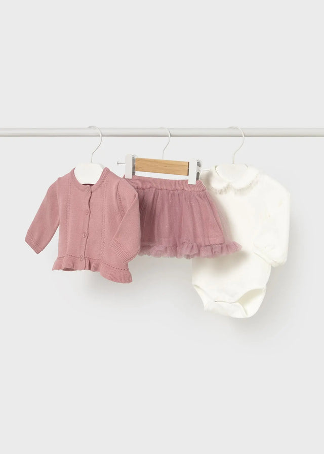 Mayoral baby girl outfit newborn 3-piece set pink/ivory cardigan, bodysuit, skirt