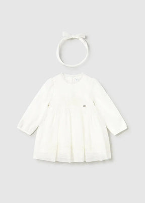 Mayoral baby girl Ivory embroidered tulle dress with long sleeves, soft lining, and matching bow headband.